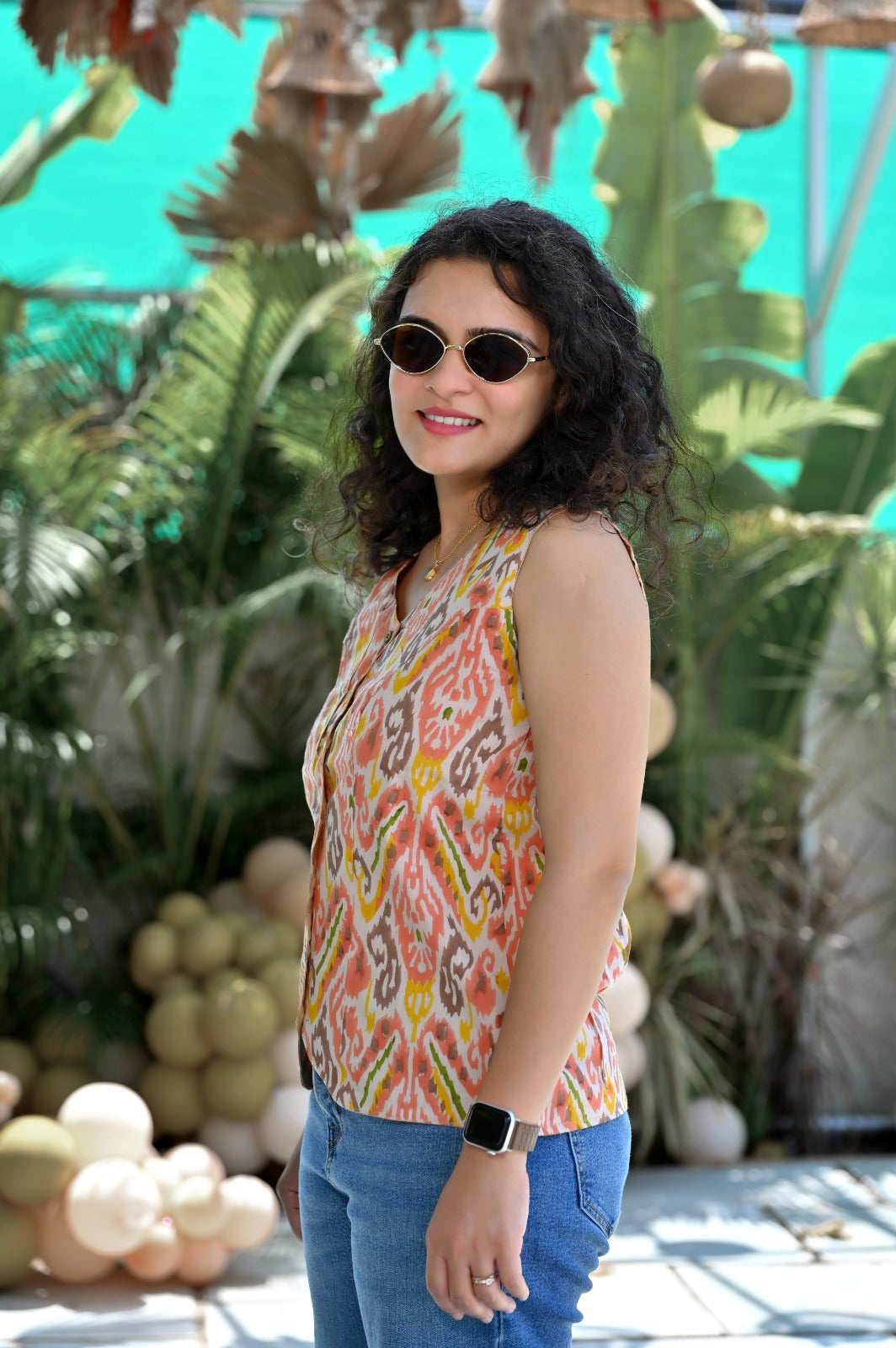 Coral Ikat Print Sleeveless Top