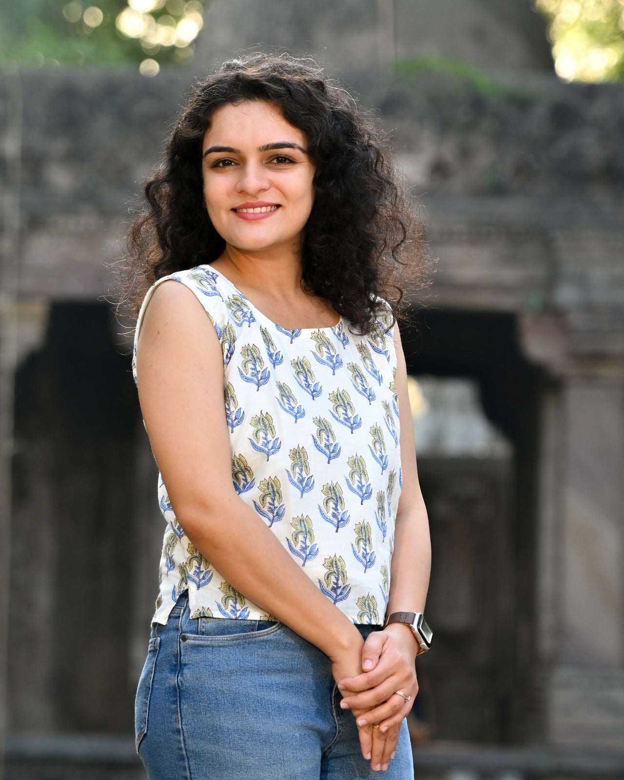 Ivory Hand Block Print Boota Crop Top — Cotton Sleeveless with Indigo & Olive Leaf Motif