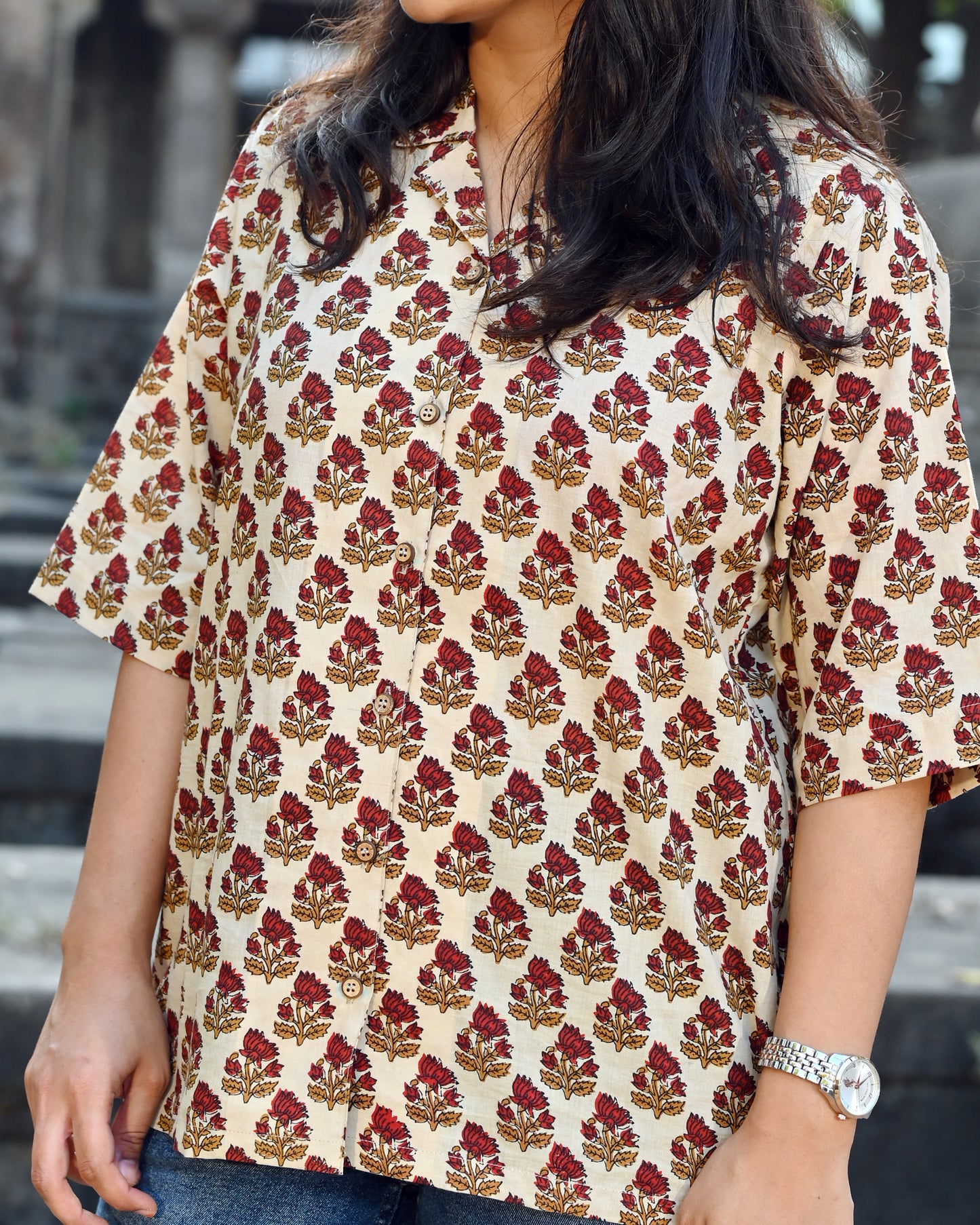 Beige & Red Floral Shirt