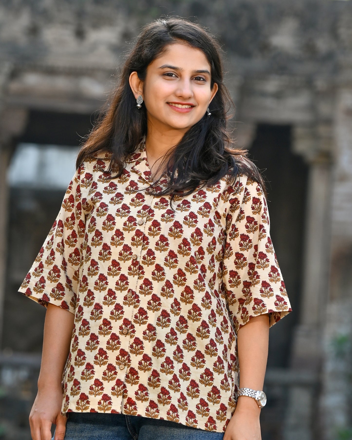 Beige & Red Floral Shirt