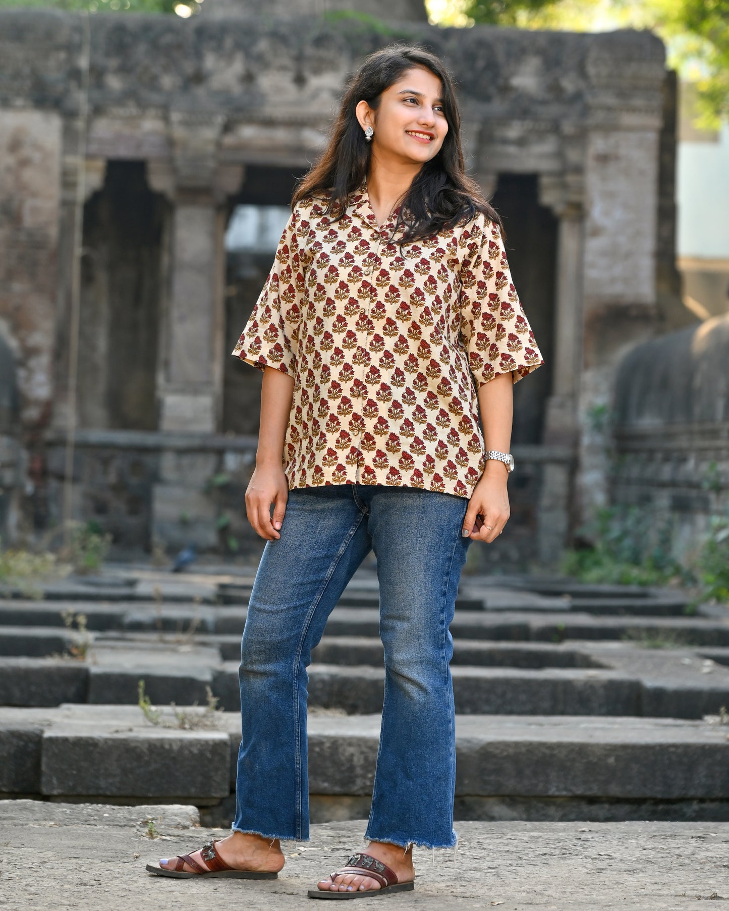 Beige & Red Floral Shirt