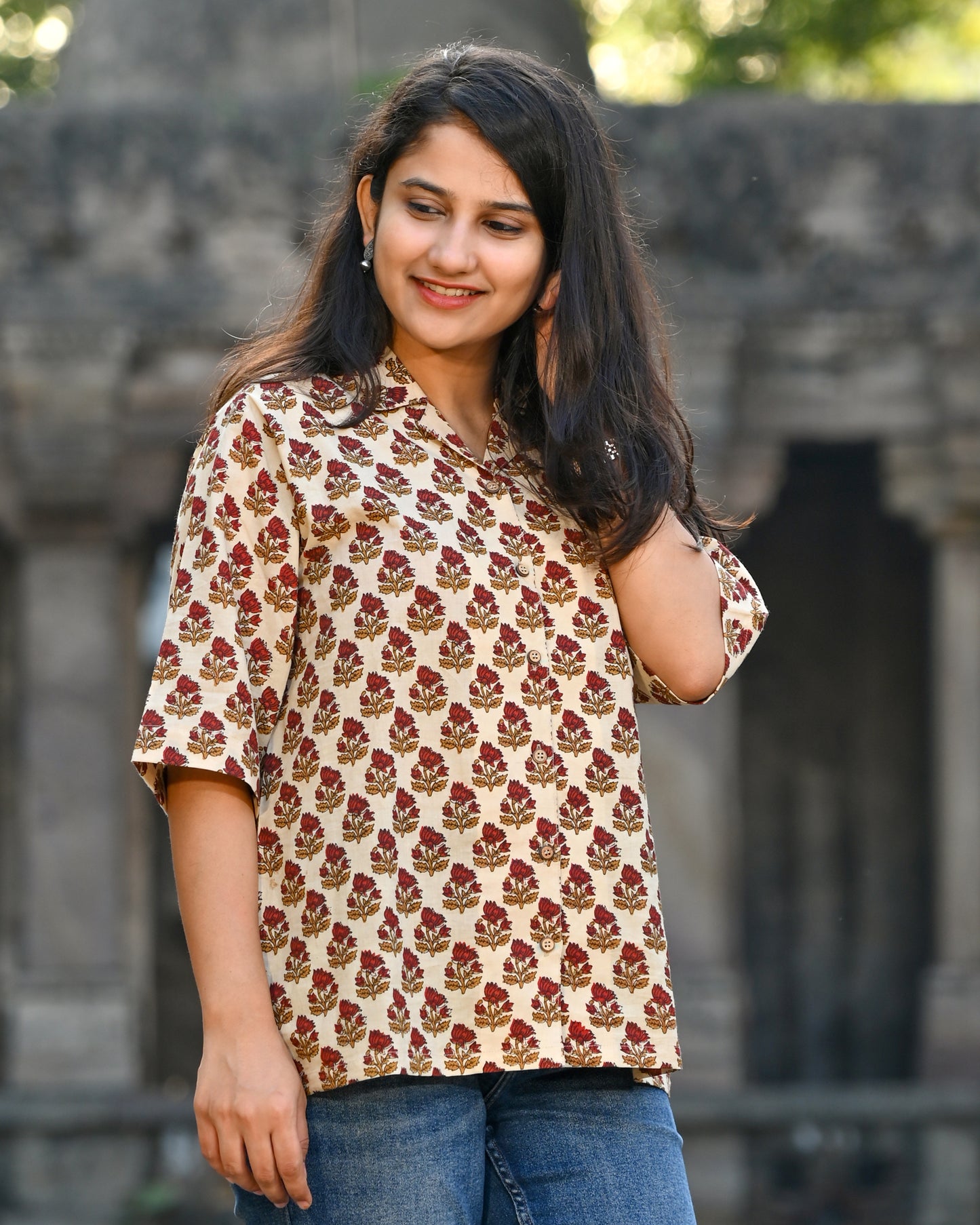 Beige & Red Floral Shirt