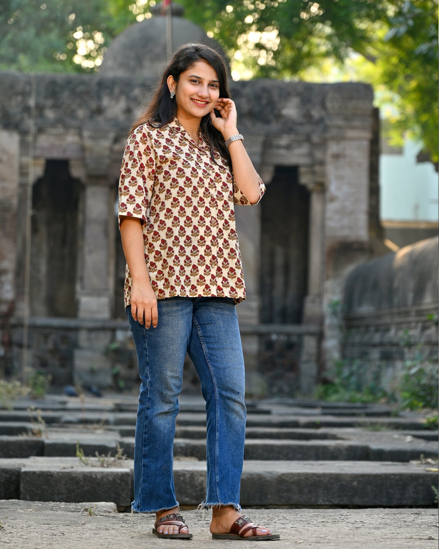 Beige & Red Floral Shirt
