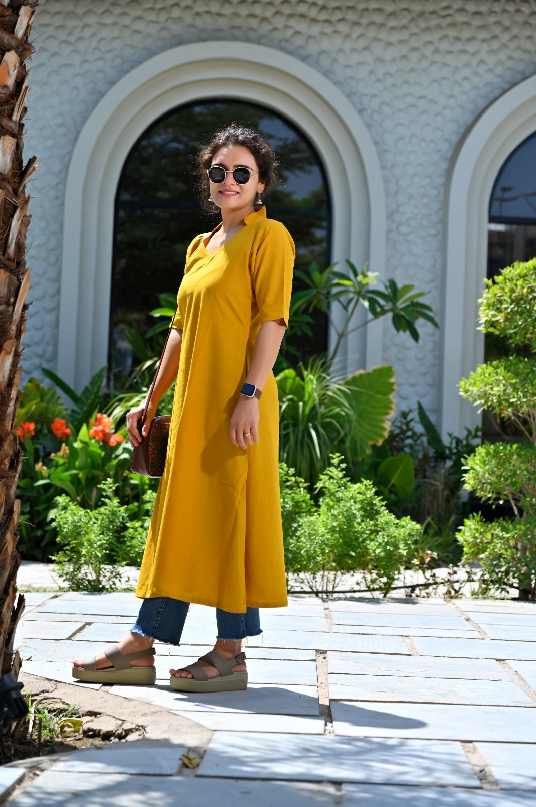 Mustard Solid Maxi Kurti — Cotton A-Line Long Kurti with Collar V-Neck & Side Slits
