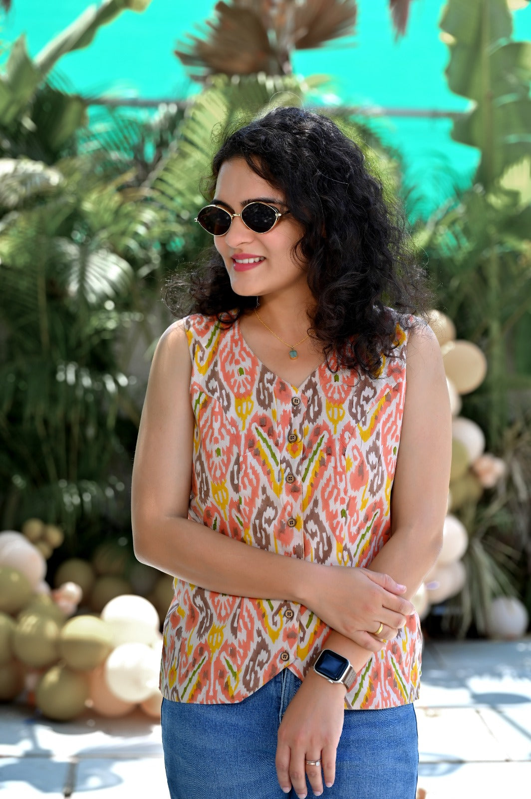 Coral Ikat Print Sleeveless Top