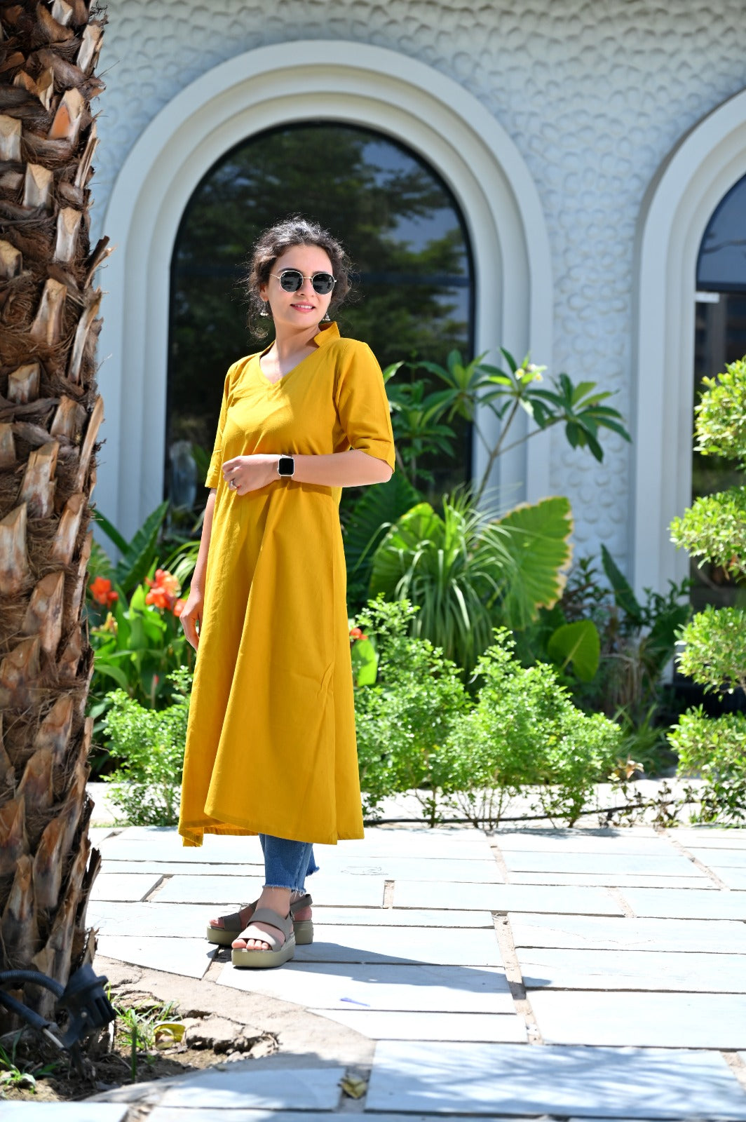 Mustard Solid Maxi Kurti — Cotton A-Line Long Kurti with Collar V-Neck & Side Slits