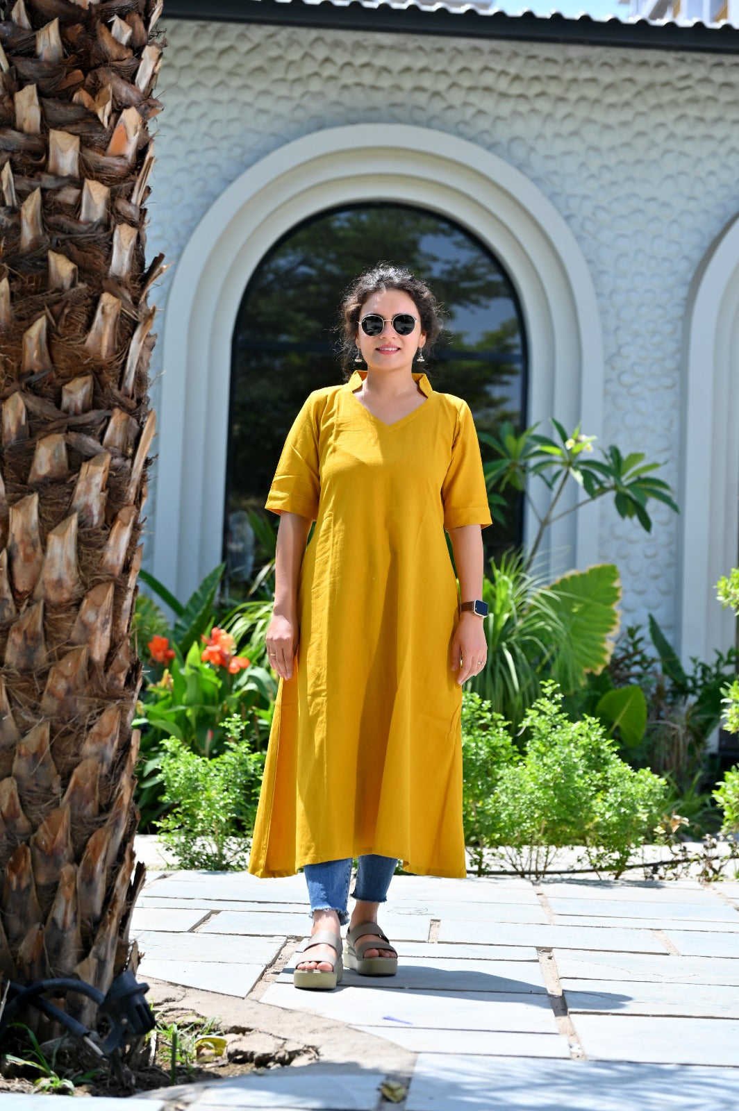 Mustard Solid Maxi Kurti — Cotton A-Line Long Kurti with Collar V-Neck & Side Slits