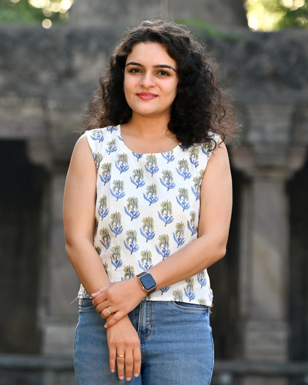 Ivory Hand Block Print Boota Crop Top — Cotton Sleeveless with Indigo & Olive Leaf Motif