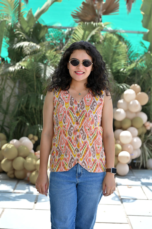 Coral Ikat Print Sleeveless Top