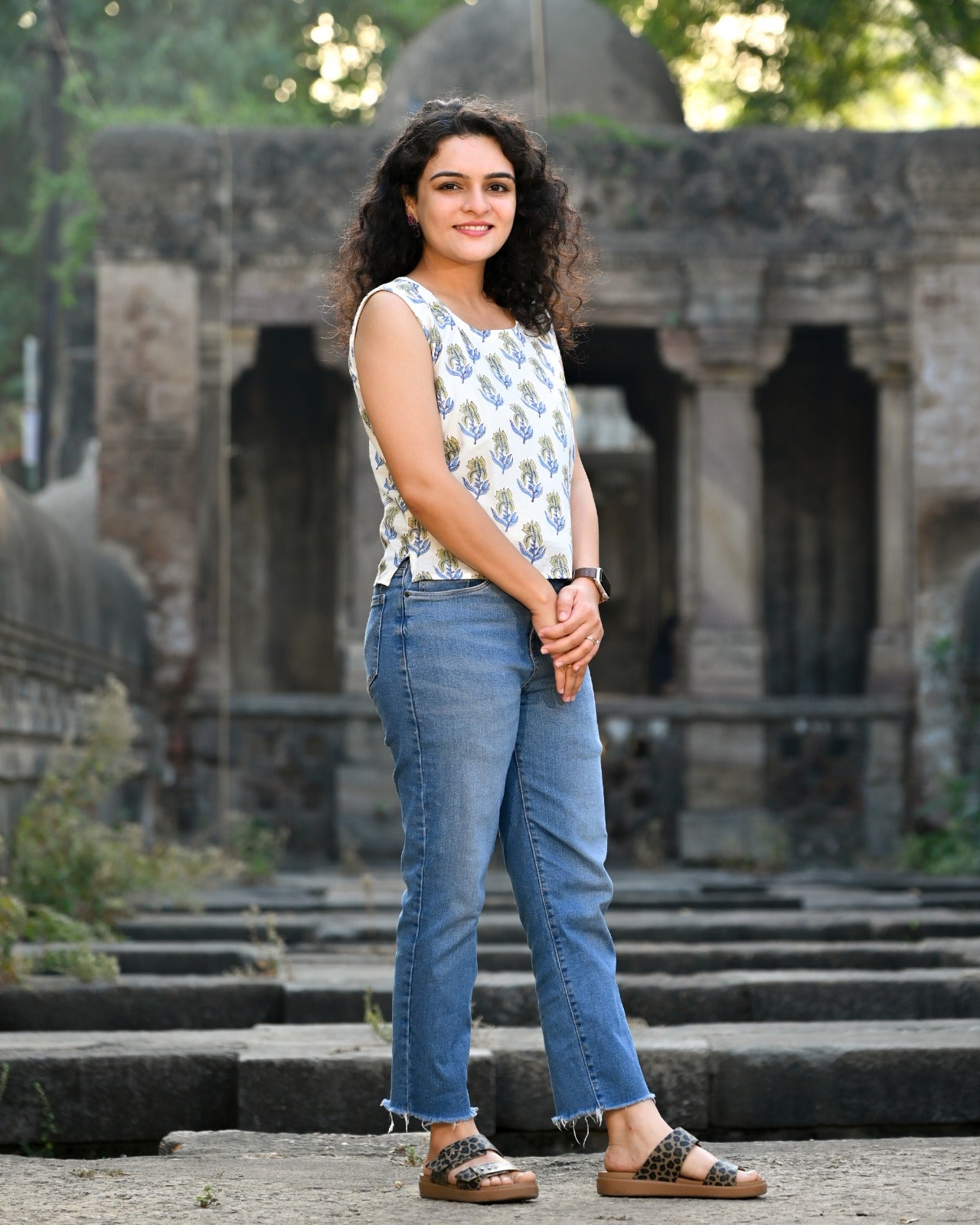Ivory Hand Block Print Boota Crop Top — Cotton Sleeveless with Indigo & Olive Leaf Motif