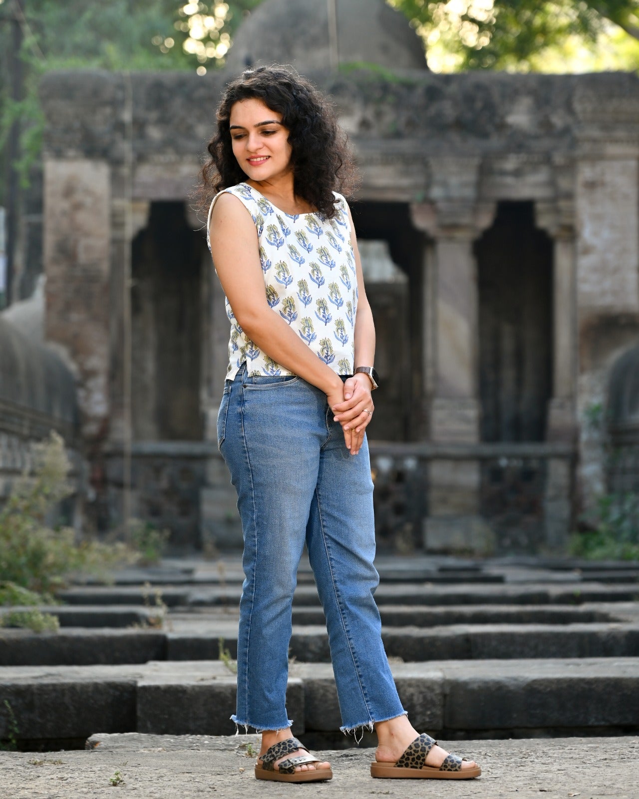 Ivory Hand Block Print Boota Crop Top — Cotton Sleeveless with Indigo & Olive Leaf Motif
