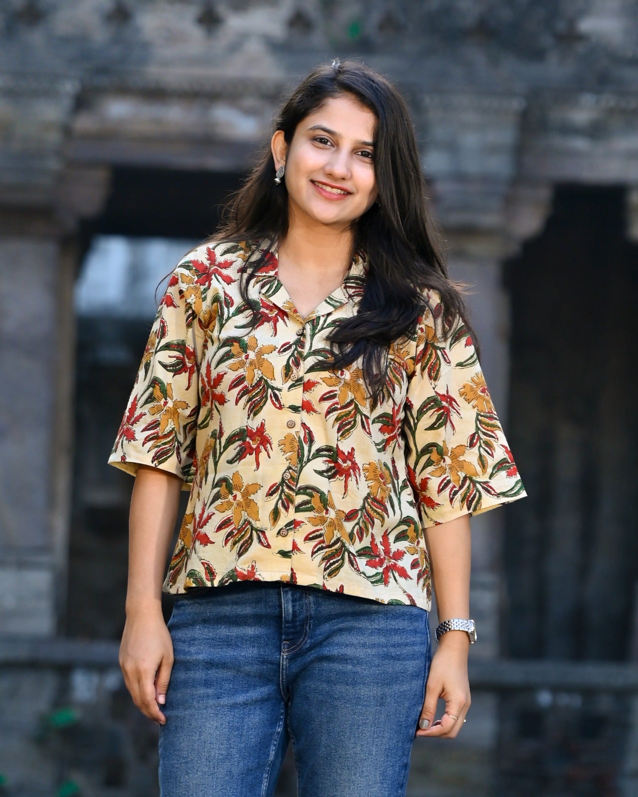 Cream Kalamkari Print Boxy Crop Top — Cotton Camp Collar Shirt with Bold Tropical Floral