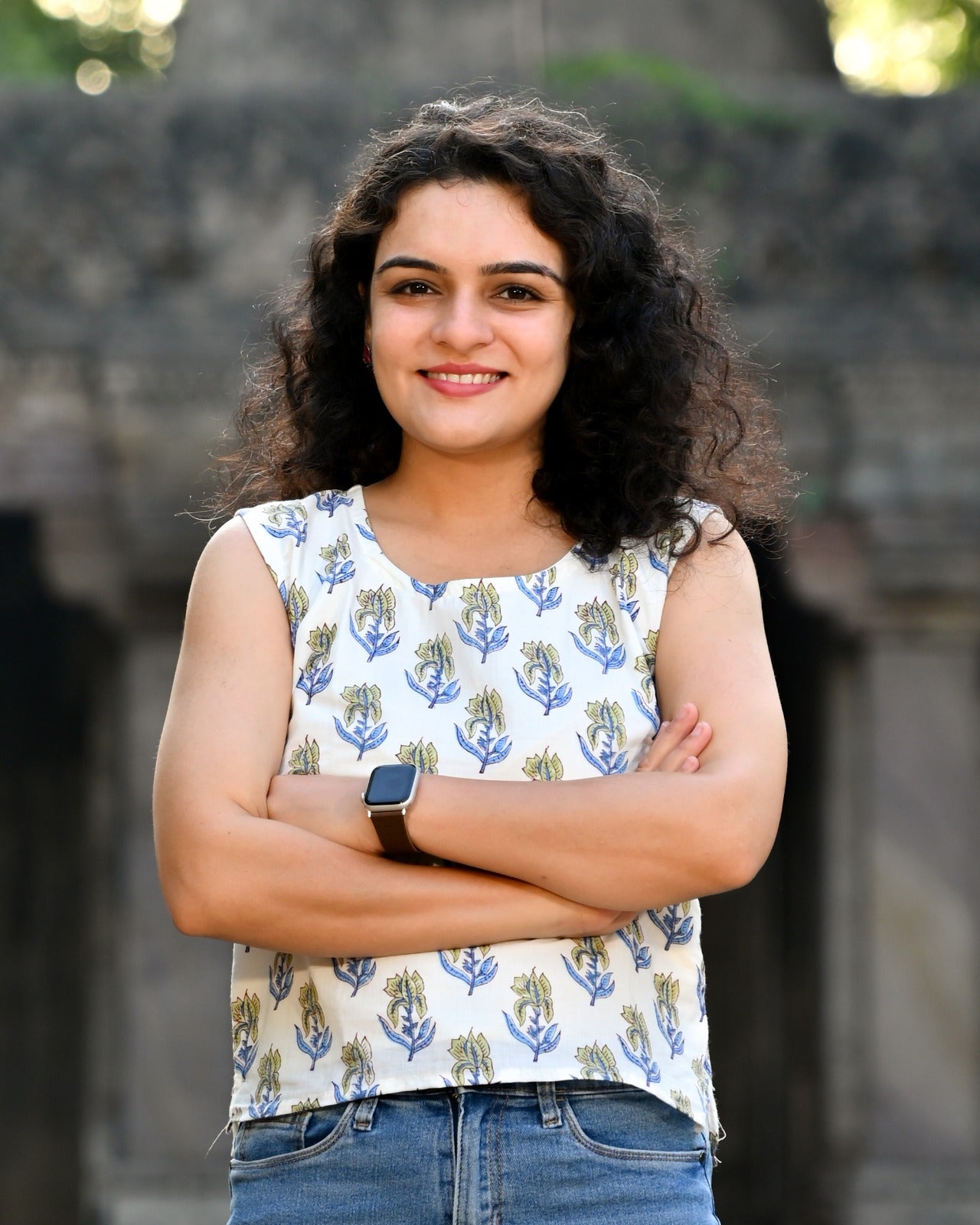 Ivory Hand Block Print Boota Crop Top — Cotton Sleeveless with Indigo & Olive Leaf Motif