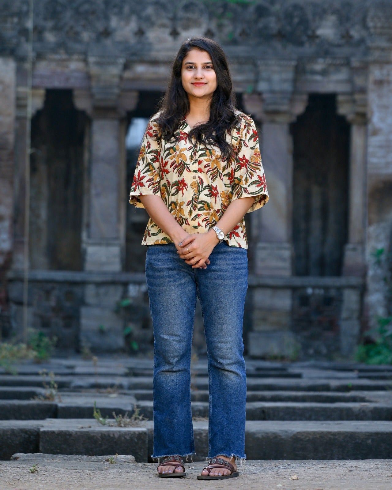 Cream Kalamkari Print Boxy Crop Top — Cotton Camp Collar Shirt with Bold Tropical Floral
