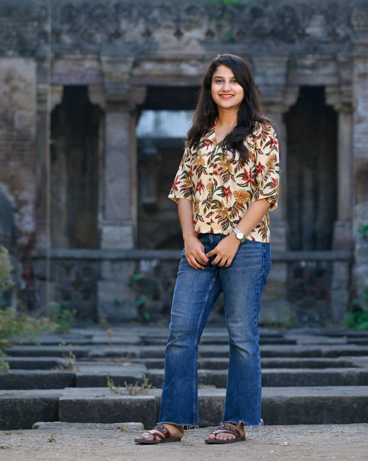 Cream Kalamkari Print Boxy Crop Top — Cotton Camp Collar Shirt with Bold Tropical Floral