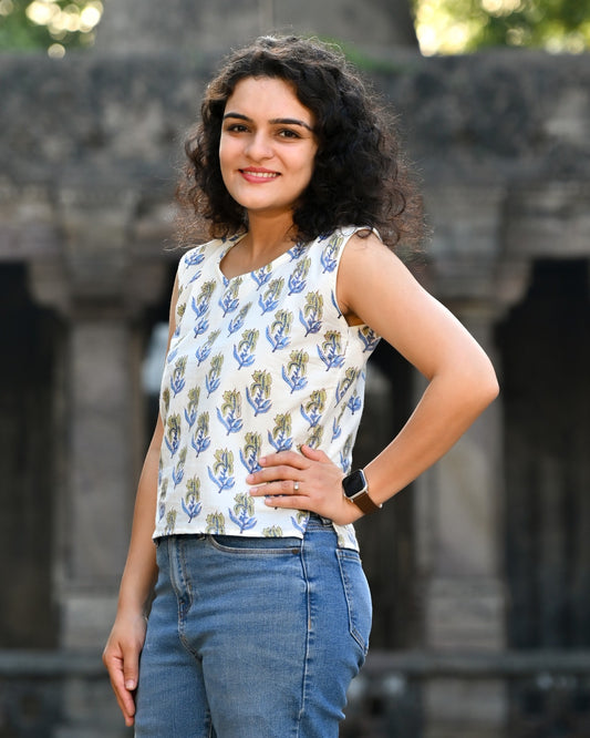 Ivory Hand Block Print Boota Crop Top — Cotton Sleeveless with Indigo & Olive Leaf Motif