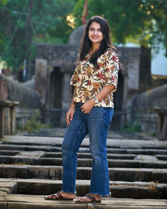 Cream Kalamkari Print Boxy Crop Top — Cotton Camp Collar Shirt with Bold Tropical Floral