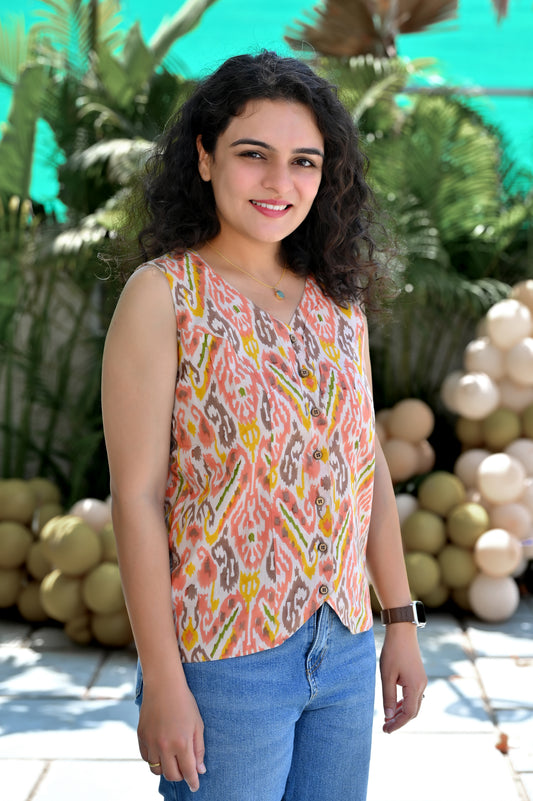 Coral Ikat Print Sleeveless Top
