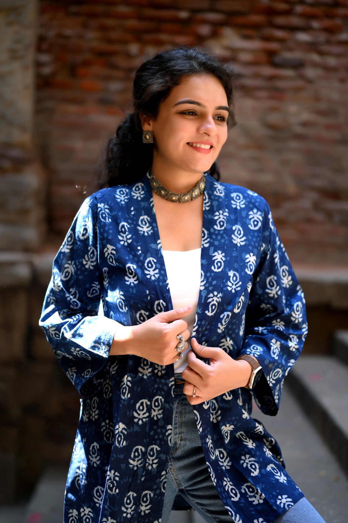 Indigo Cotton Printed Shrug
